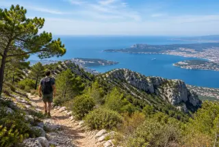 Randonneur sur un sentier calcaire du mont Faron avec vue sur la rade de Toulon et le littoral varois.